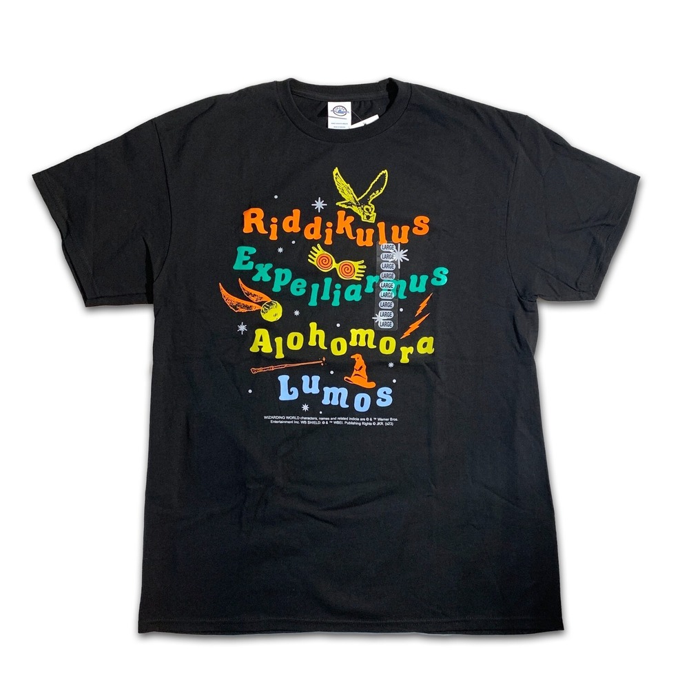Harry Potter Wizarding World Spells Graphic Black Tee Sz L Riddikulus Spells+